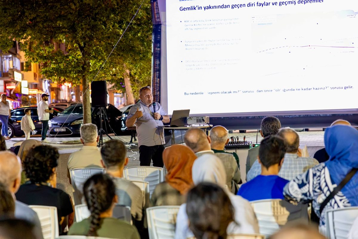 Açık hava panelinde sunum; perdede Gemlik çevresindeki diri fayları gösteren slayt