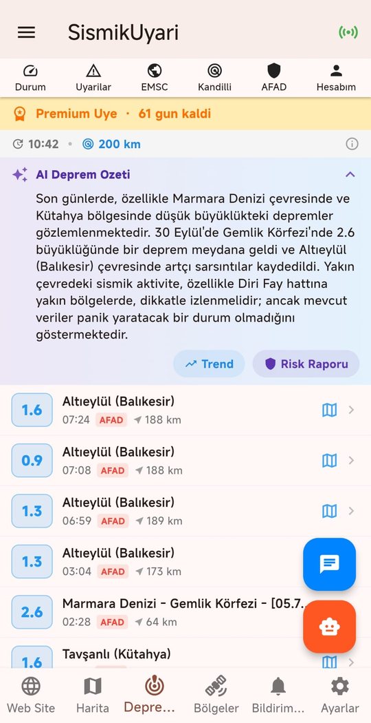 Sismik Uyarı uygulaması – Depremler ekranı ve yapay zekâ deprem özeti